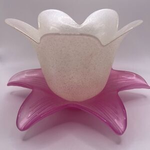 Large Frosted Glass Tulip Candle Holder. Glitter White and Pink Tulip